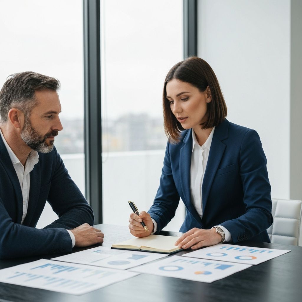 Consultora profesional trabajando con cliente en estrategia financiera