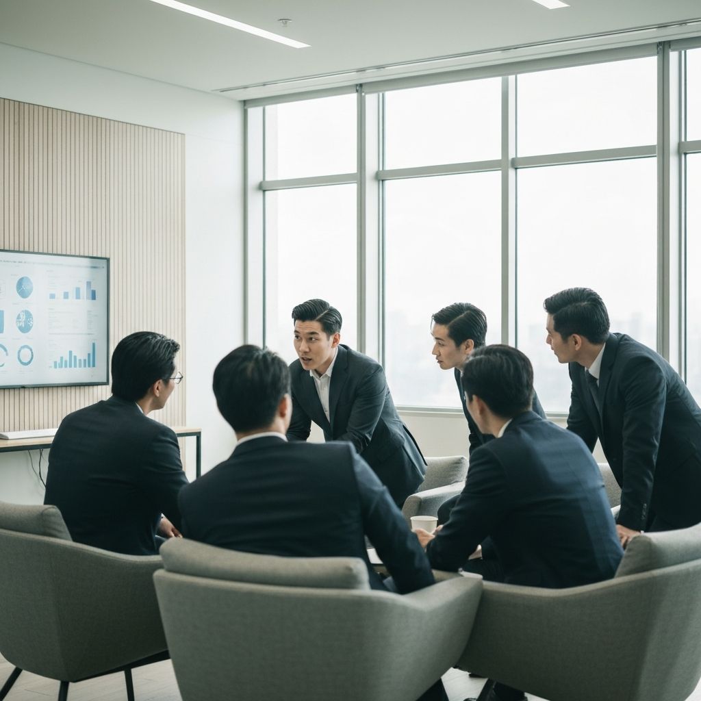 Consultor profesional presentando estrategia a ejecutivos bancarios en oficina moderna