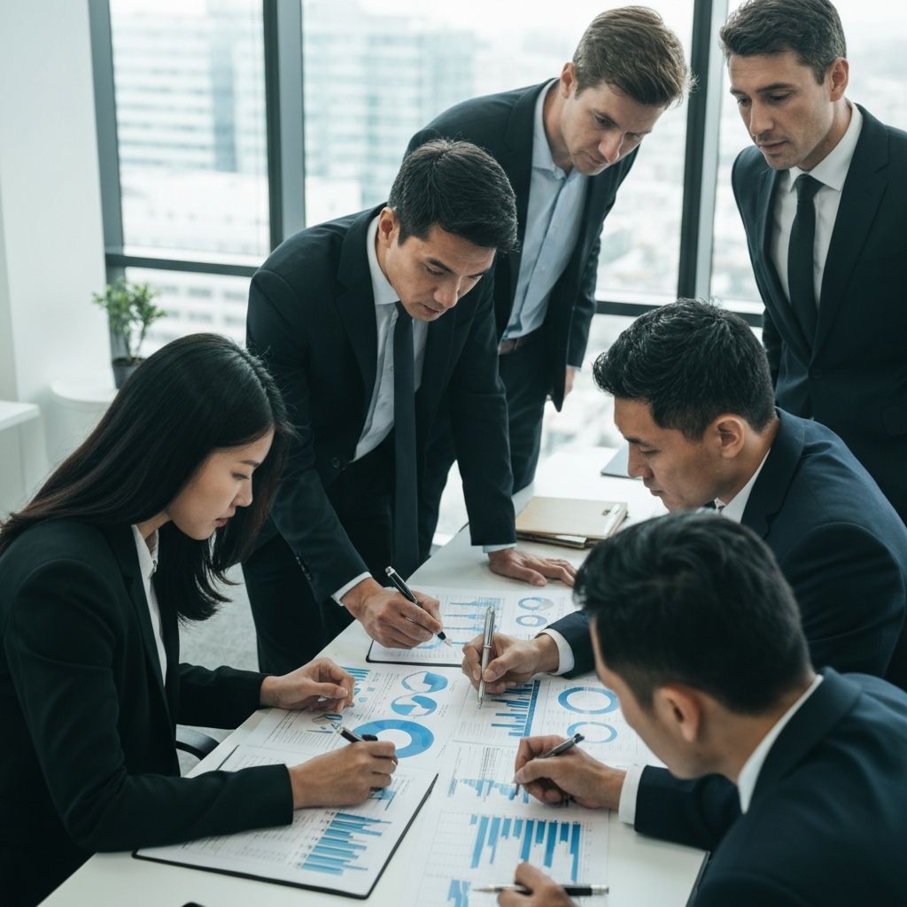 Equipo diverso de consultores financieros analizando datos y planificando juntos